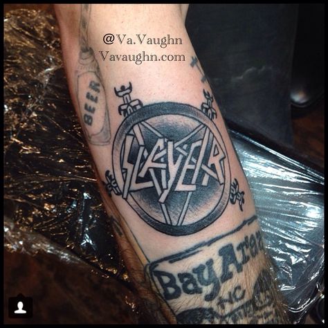 Slayer. Original art by Slayer. Slayer slayer slayer. Metal slayer. Hell fire. Tattoo Made by Kati Vaughn.   Kati.Vaughn@gmail.com Slayer Tattoo Band, Metal Band Tattoos, Rob Tattoo, Slayer Tattoo, Slayer Band, Band Tattoo Designs, Hell Fire, Clever Tattoos, Scary Tattoos