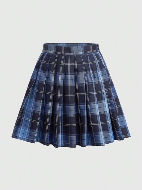 ROMWE J-Fashion Plaid Print Pleated Skirt | SHEIN USA Blue Plaid Skirt Outfit, Blue Pleated Skirt Outfit, Dark Blue Plaid, Dark Skirts, Blue Plaid Skirt, Plaid Skirt Outfit, Blue Pleated Skirt, Pleated Skirt Outfit, School Uniform Outfits