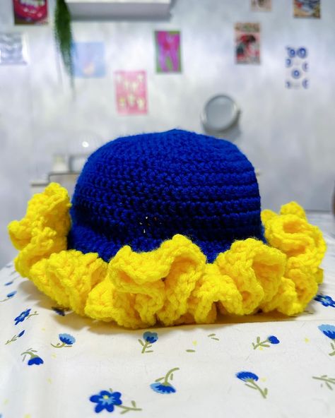 SGRho Chelly Hat 💛💙🐩 | available on my Etsy ($45) - - - #crochet #blackowned #chellyhat #buckethat #pink #handmade #SigmaGammaRho #SGRho #SigmaGammaRhoSorority #SGRhomerchandise #blacksorority Ruffle Bucket Hat, Crochet Ruffle, Sigma Gamma Rho, Crochet Art, Chicago Il, Sorority, Acrylic Yarn, Fiber Art, Bucket Hat