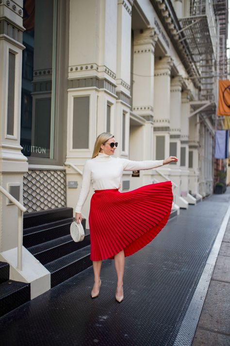 Outfits With Red Skirts Winter, Red Skirt Holiday Outfit, Red Flowy Skirt Outfit, Red Skirt Work Outfit, Pleated Red Skirt Outfit, Silk Red Skirt Outfit, Red Skirt Winter Outfit, Red Pleated Skirt Outfit Winter, Red And White Skirt Outfit