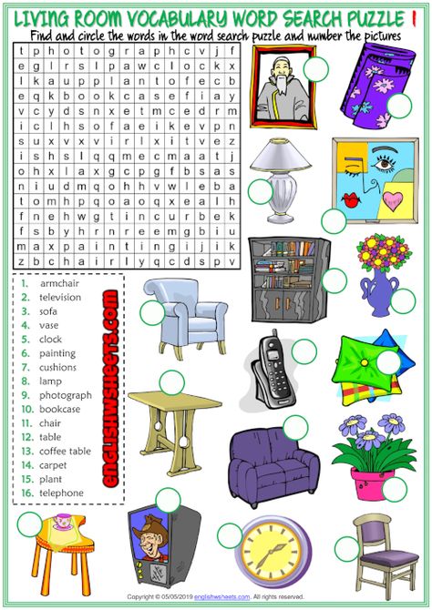 Living Room Objects ESL Word Search Puzzle Worksheets Living Room Worksheet, Room Vocabulary, Room Objects, Living Room Objects, Vocabulary Games For Kids, Word Search Puzzles Printables, Esl Teaching Resources, Esl Vocabulary, Word Search Printables