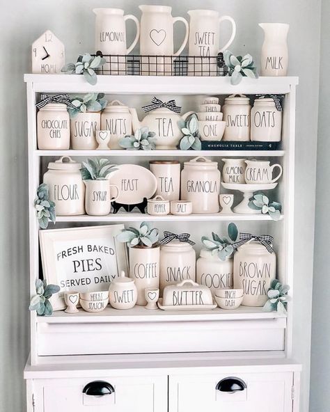 Rae Dunn Baking Display, Rae Dunn Display Cabinet, Rae Dunn Cabinet Display, Rae Dunn Farmhouse Display, Rae Dunn Measuring Cups Display, Rae Dunn Kitchen Display, Hutch Cabinets In Kitchen, Rae Dunn Display Ideas, Rae Dunn Decorating Ideas