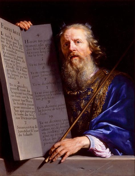 Moses Presenting the Tablets of the Law, c.1648, Philippe de Champaigne; Moses is depicted with his main symbolic attribute, the two tablets of stone bearing the Ten Commandments (written in French in this case); due to a biblical mistranslation, he is sometimes portrayed with 'horns' (rays of light), which are suggested here at the top of his head. (Milwaukee Art Museum) Art Criticism, Milwaukee Art Museum, Milwaukee Art, San Paolo, Christian Traditions, Baroque Art, Moving To Paris, Biblical Art, Piet Mondrian