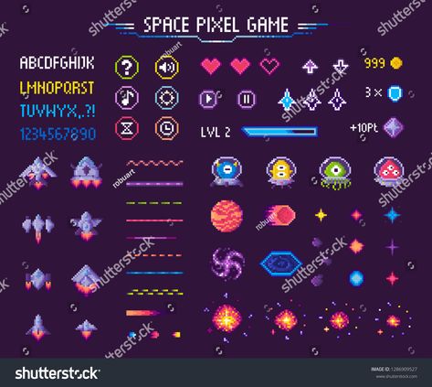 Space pixel game isolated vector icons font and cosmic characters. Arrows and hearts spaceship and aliens stars and planets, score points and meteorite. Arcade games elements. Video platform interface #Ad , #Affiliate, #characters#cosmic#font#spaceship Space Game Design, Space Pixel Art, Cosmic Characters, Arcade Design, Pixel Game, Piskel Art, Game Icons, Game Gui, Pixel Art Tutorial