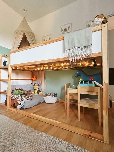 Kura Bed Desk Under, Boho Toddler Boy Room, Ikea Kura Bed, Kids Shared Bedroom, Shared Kids Room, Kura Bed, Ikea Kura, Kids Bedroom Inspiration, Ikea Bed