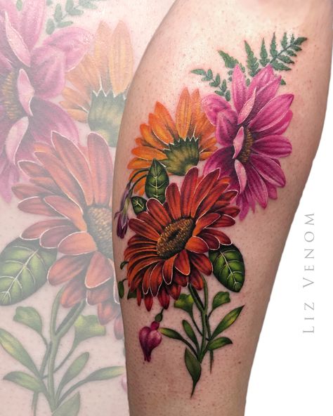 beautiful vintage botanical inspired gerber daisy tattoo by Liz Venom . . . . . Flower flowers floral berbers fern tattoos ink inked idea best floral vintage art artist edmonton canada new york london melbourne australia arts design designs perfection beauty spray amazing realistic realism liz venom bombshell bombshell tattoo calgary alberta edinburgh Gerber Daisy Tattoo Color, Redo Tattoo, Gerbera Daisy Tattoo, Gerber Daisy Tattoo, Daisy Tattoo Meaning, Daisy Tattoo Designs, Vintage Flower Tattoo, Daisy Flower Tattoos, Flores Tattoo