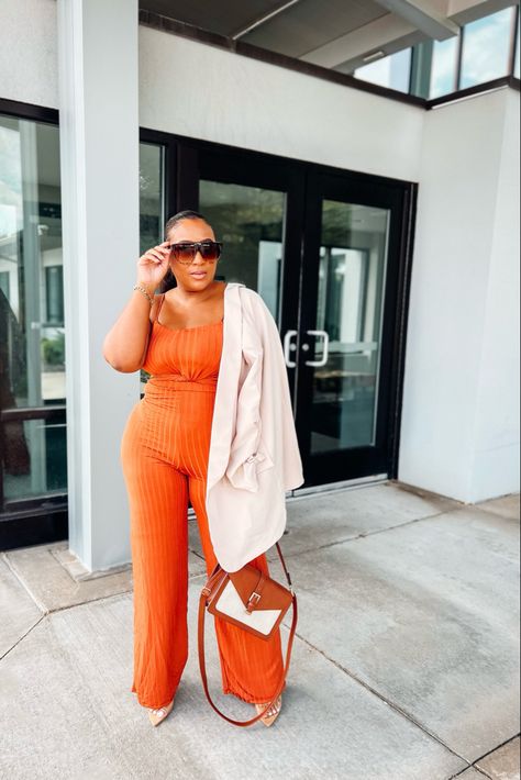 Orange Jumpsuits And Rompers For Work, Orange Jumpsuit For Spring Loungewear, Spring Orange Jumpsuit For Loungewear, Fitted Orange Jumpsuit For Night Out, Orange Jumpsuit Outfit, Styling A Jumpsuit, Chic Orange Long Sleeve Jumpsuit, Burnt Orange Jumpsuit, Beige Blazer Outfit