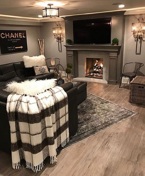 Now this is how a basement should look.  Warm cozy and entertaining. Love the decor. Get inspired this morning by this interior design. @sumhouse_sumwear is amazing! Basement Decorating, Woman Cave, Grey Home Decor, Basement Decor, Basement Remodeling, Finishing Basement, Home N Decor, A Living Room, My New Room