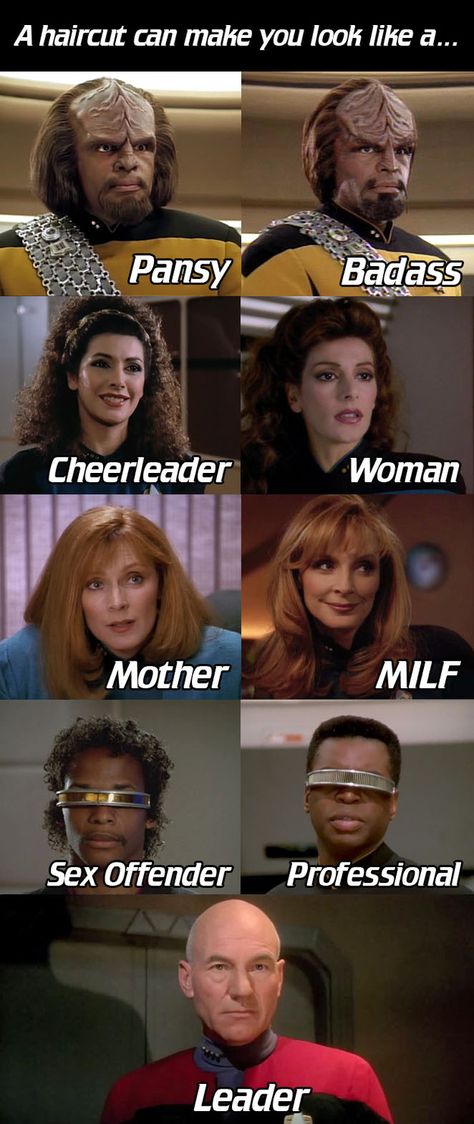 Star Trek Visualizes The Importance Of A Good Haircut c.c. @apoloduvalis Gates Mcfadden, Star Trek Funny, Star Trek Characters, A Haircut, Star Trek Universe, Can't Stop Laughing, Geek Out, Cool Haircuts, Live Long