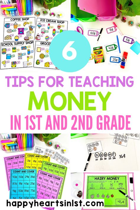 Teaching money to first graders  - tips ideas for teaching counting coins to $1 in 1st and 2nd grade Money Activities For First Grade, Second Grade Money Activities, Coin Activities 2nd Grade, Teaching Coins First Grade, Government Lessons, Counting Coins 2nd Grade, Activities For 1st Graders, Identifying Coins First Grade, Life Skills Class