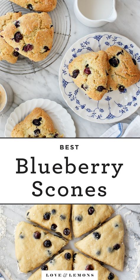 The perfect scone recipe! They're moist, buttery, and crumbly, with jammy blueberries all the way through. Easy to make and perfect for breakfast. | Love and Lemons #scones #baking #breakfast #blueberry Best Blueberry Scones, Brunch Baking, Blueberry Scones Recipe, How To Make Scones, Gluten Free Scones, Scones Recipe Easy, Scones Easy, Scones Ingredients, Roasted Strawberries