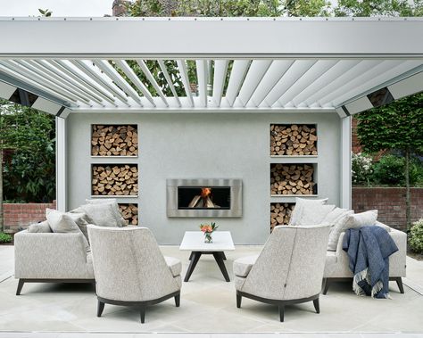 Entertaining Garden, Wall Fires, Garden Privacy, Living Roofs, Backyard Seating, Outdoor Living Rooms, Luxury Outdoor Furniture, Pergola With Roof, Outdoor Living Room