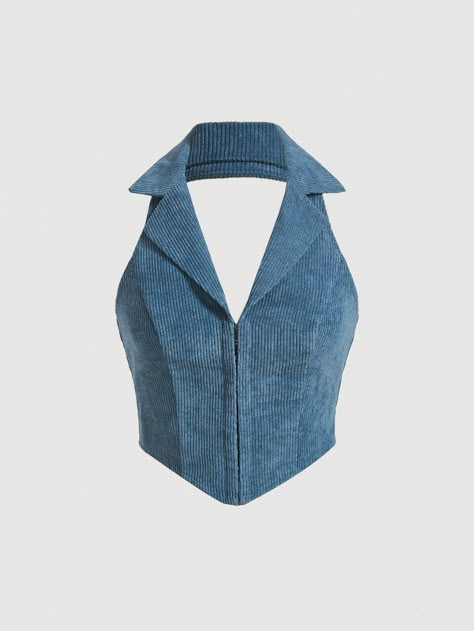 Solid Hook And Eye Halter Top Blue Casual   Woven Fabric Plain Halter Non-Stretch  Women Clothing, size features are:Bust: ,Length: ,Sleeve Length: Denim Halter Top, Denim Diy Clothes, Top Azul, Upcycle Clothes Diy, Long Kurti Designs, Fashion Top Outfits, Top Halter, Stylish Work Outfits, Teenage Fashion Outfits