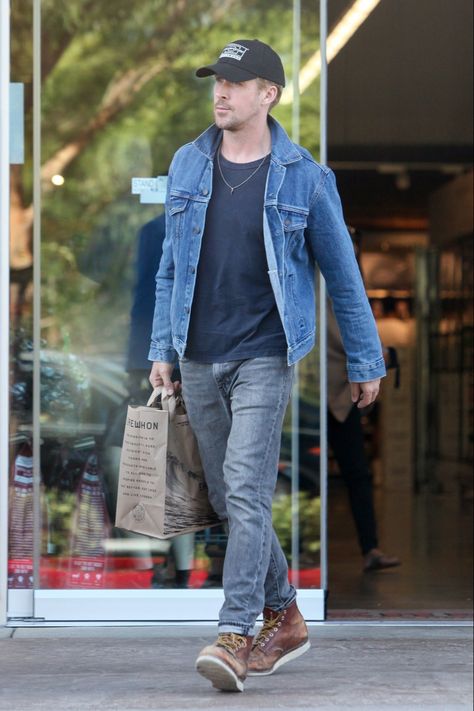 Redwings Outfit, Pancho Outfit, Erewhon Market, Ryan Gosling Style, Trucker Jacket Men, Masculine Fashion, Work Wear Outfits, Red Wing Boots, Jean Jacket Men