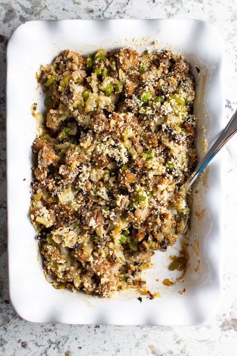 A heavenly AIP Thanksgiving stuffing made with onions, celery, mushrooms and pork. Plus, a grain-free bready topping with no extra baking! #aipstuffing #aipthanksgivingstuffing #thanksgivingstuffing #grainfree #aipthanksgivingrecipes Aip Stuffing, Aip Thanksgiving Recipes, Aip Thanksgiving, Paleo Pantry, Thanksgiving Stuffing, Stuffing Recipes, Health Nut, Ground Pork, Dried Cranberries