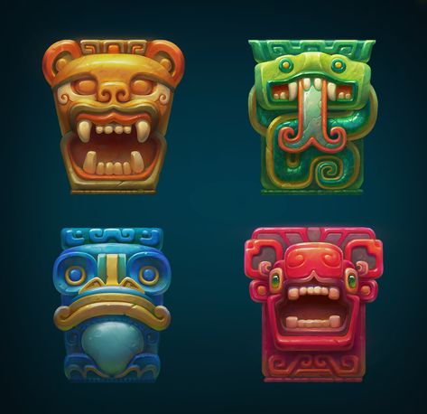 Aztec Illustration Art, Mayan Aztec Art, Aztec Game Art, Aztec Totem, Aztec Artifacts, Mayan Mask, Aztec Mask, Aztec Culture, Aztec Art