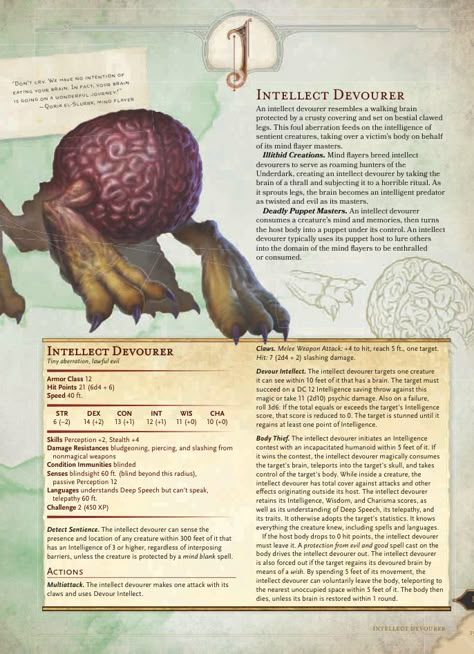 Intellect Devourer CR 2 Intellect Devourer, Dungeons And Dragons Races, Mind Flayer, Dnd Races, D D Monsters, Dragon Rpg, Dungeons And Dragons Dice, Dnd Monsters, Dungeons And Dragons Characters