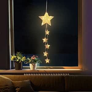 Lewondr Hanging Light, Rattan Star Shape Fairy Lights Indoor Decorative Lights Window Light Battery Operated Star Lights for Children's Room Bedroom Party Decoration with Timer Function, White Twinkle Lights In Bedroom, Celestial Chandelier, Fairy Lights Indoor, Hanging Star Light, Fairy Lights Decor, Unique Night Lights, Star Lights, Small Stars, Star Decor