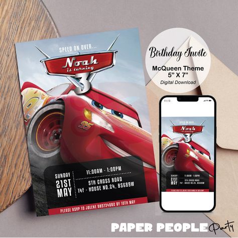 Lightning Mcqueen Birthday Invitations, Car Birthday Party Invitations, Pixar Cars Birthday, Mcqueen Birthday, Cars Invitation, Cars Birthday Invitations, Disney Cars Party, Movie Themed Party, Cars Birthday Party Disney