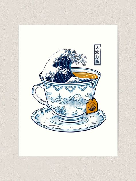 "The Great Kanagawa Tea" Art Print by vincenttrinidad | Redbubble Tee Illustration, Tea Cup Drawing, Tee Kunst, Tea Tattoo, Cup Tattoo, Tea Illustration, Japon Illustration, Cup Art, Tea Art