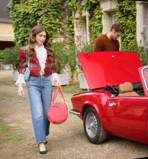 Lily Collins Emily In Paris, Red Cropped Jacket, Emily In Paris Fashion, Paris Outfit Ideas, Emily Cooper, Emily In Paris Outfits, Red Plaid Jacket, Lily Collins Style, Paris Outfits