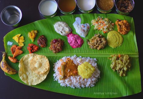 Happy Onam all 🌻🌼🌾 Onam is Kerala's annual harvest festival. Sadya is the traditional vegetarian meal served on banana leaf with more than 20 curries during festivals/ celebrations in here. Onam Sadya Photography, Sadya Kerala, Kerala Meals, Onam Festival Kerala, Sadya Recipes, Macedonian Food, Onam Festival, Banana Leaf Wallpaper, Happy Onam