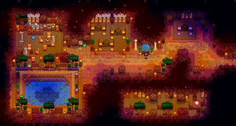 Stardew Valley Designs, Fall, Secret Forest, Plants, Cafe Secret Forest Stardew Valley, Stardew Valley Town Design, Stardew Valley Town Decoration Ideas, Stardew Valley Forest Farm Design, Stardew Valley Town Decoration, Stardew Expanded, Stardew Layout, Stardew Ideas, Stardew Farm