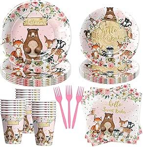 Woodland Baby Girl Shower, Woodland Baby Girl, Pink Woodland, Woodland Theme Baby, Baby Shower Plates, Jungle Animals Party, Rodeo Birthday Parties, Woodland Baby Shower Decorations, Laundry Time