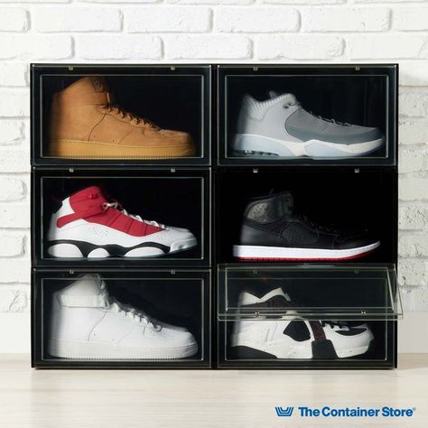 Up your shoe storage game with our Side Profile Drop-Front Shoe Boxes! Featuring a sturdy, easily stackable construction and clear doors with magnetic closures, these are a sneakerhead's dream! Available in Large and X-Large sizes, as well as four different colors (black, white, blue, and red), they're a slick and stylish way to protect and show off your favorite kicks. Best Shoe Rack, Closet Storage Ideas, Closet Clutter, Shop Shoe, Closet Shoe Storage, Shoe Organizers, Space Saving Hangers, Clean And Organize, Clothes Racks