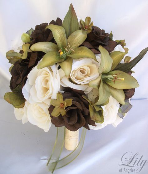 17 Pieces Package Silk Flower Wedding Decoration by LilyOfAngeles Brown Flower Bouquet, Olive Green Weddings, Wedding Flower Packages, Silk Flower Bouquets, Sage Green Wedding, Ivory Roses, Silk Flowers Wedding, Wedding Flower Decorations, Flower Packaging