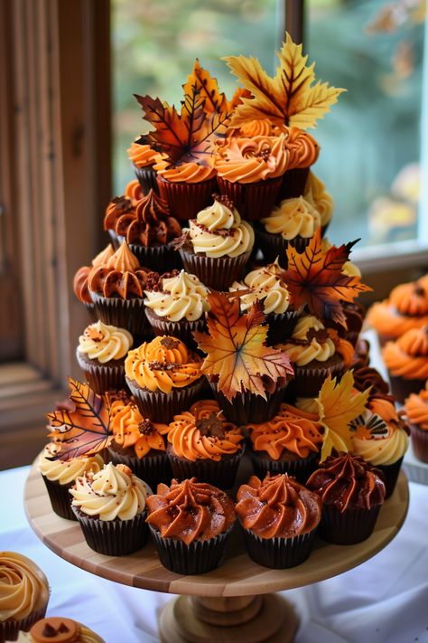 Two Sweet Fall Birthday, Fall Cupcake Flavors Autumn, Fall Wedding Cupcake Tower, Autumn Sweet Table, Cake Of Cupcakes, Fall Food Display Ideas, Fall Wedding Shower Cupcakes, Autumn Theme Cupcakes, Fall Cupcakes Aesthetic