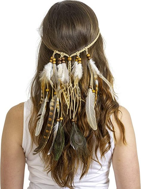 Amazon.com: Skeleteen Indian Feather Headband Accessories - Native American Tribal Costume Head Dress with Feathers for Women and Kids : Clothing, Shoes & Jewelry Boho Feather Headband, Indian Feathers, Chain Headband, Festival Headpiece, Beads Hair, Bohemian Headband, Hippie Headbands, Boho Headpiece, Beach Bohemian