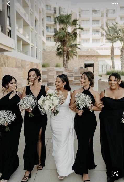 Black And Taupe Wedding, Mismatched Black Bridesmaid Dresses, Black Dress Bridal Party, All Black Bridal Party, Black Bridesmaid Dresses Mismatched, Black Bridal Party Attire, Black And White Beach Wedding, Destination Wedding Bridal Party, Bridesmaid Pics