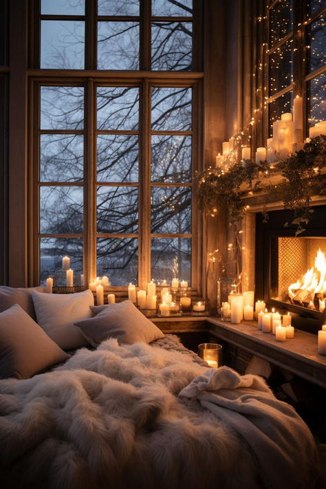 Transform your bedroom into a winter wonderland with enchanting Christmas decor ideas. Capture the magic of the season with cozy throws, twinkling lights, and festive accents. Enjoy the view of nature dressed in snow from the comfort of your bed. Embrace the holiday spirit and create a serene retreat. 🌲✨🛏️ #ChristmasBedroom #WinterWonderland #HolidayDecorIdeas #CozyRetreat #NatureView #SnowyScenes #FestiveVibes #MagicalBedroom #SeasonalJoy #HomeDecor #BedroomInspiration #HolidayMagic Christmas Fireplace Aesthetic, Winter Cuddles, Peaceful Room, Christmas Cosy, Winter Living Room, Fireplace Seating, Lights Aesthetic, Modern Rustic Living Room, Winter Decorations Diy