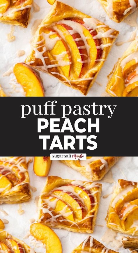 These puff pastry peach tarts are summery, sweet simplicity, only taking 15 minutes of effort from you. Golden, flaky pastry topped with slices of fresh peach make a great snack or indulgent dessert. Sweet, juicy peaches, vanilla and cinnamon over buttery, flaky pastry. Fuss-free but amazing flavour. Not too sweet, they’re light and perfect for warmer weather. Store-bought puff pastry makes these super quick! These mini peach galettes are the perfect, quick and easy to make summer dessert. Peaches Puff Pastry Desserts, Fresh Peach Puff Pastry Recipes, Peach Tarts Mini, Peach Tart Puff Pastry, Puff Pastry Peach Recipes, Peach Pastry Recipes, Peach Puff Pastry Desserts, Summer Pastries, Pastry Dough Desserts