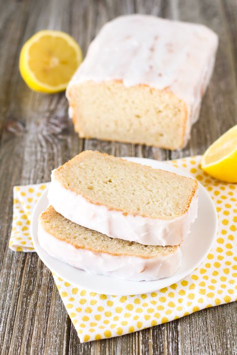 Gluten Free Vegan Glazed Lemon Pound Cake. Moist lemon cake with a simple lemon glaze. You will for sure go back for a second slice! Gluten Free Lemon Pound Cake, Gluten Free Pound Cake, Gluten Free Lemon Cake, Lemon Yogurt Cake, Gf Sweets, Vegan Lemon Cake, Vegan Fudge, Moist Lemon Cake, Lemon Pound Cake Recipe