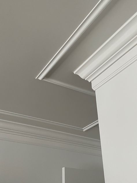 Ceiling Panel Moulding, Quarter Round Molding Ceiling, Modern Ceiling Moulding Design, Molded Ceiling Design, Ceiling Soffit Ideas, Cornice Moulding Design, Tall Crown Molding, Trim On Ceiling Ideas, Ceiling Trim Detail