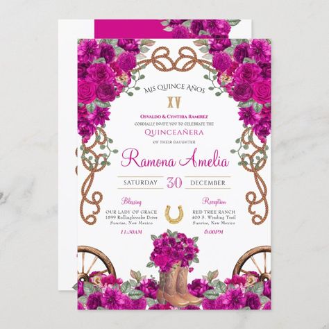 Magenta Rustic Western Charro Cowboy Boots Quince  Invitation - tap to personalize and get yours #Invitation #roses, #charro, #rustic #western, #elegant Quince Organization, Pink Quince, Quince Invitations, Ruffled Gown, Colors Combinations, Sweet Sixteen Invitations, Quinceanera Invitations, Red Tree, Western Wedding