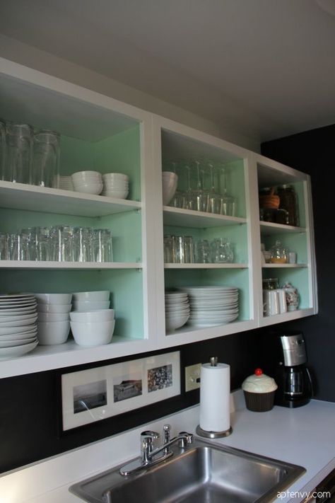 White cabinet with pastel inside - maybe jadeite color to match hardware. Apartment Approval, Inside Kitchen Cabinets, Open Kitchen Cabinets, Future Decor, Before After Kitchen, Rental Kitchen, White Cabinet, Casa Country, Kitchen Cabinets Makeover