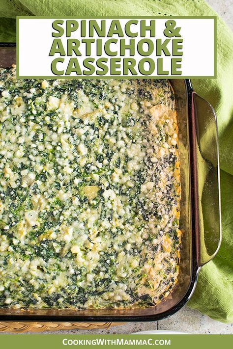 Spinach & Artichoke Casserole recipe by Cooking with Mamma C. Glass pan of casserole. Artichoke Side Dish, Spinach Artichoke Casserole, Artichoke Salad Recipes, Artichoke Casserole, Thanksgiving Vegetables, Artichoke Salad, Spinach Casserole, Thanksgiving Food Sides, Artichoke Recipes