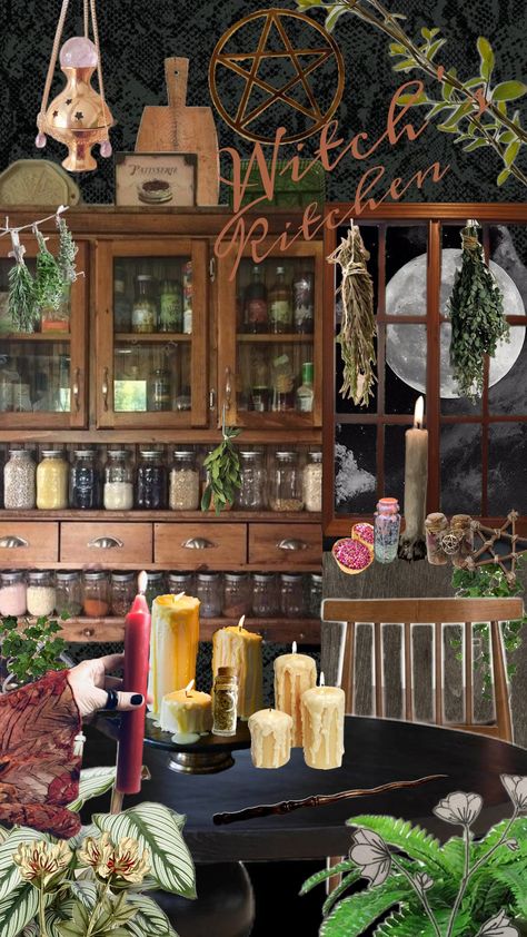 #witchkitchen #witchskitchen #kitchen #witch #kitchenwitch Cottage Witch Aesthetic Kitchen, Witches Kitchen Inspiration, Practical Magic Kitchen Inspiration, Witchy Kitchen Ideas, Kitchen Witch Decor, Cottage Witch Aesthetic, Kitchen Halloween, Witches Kitchen, Witch Kitchen