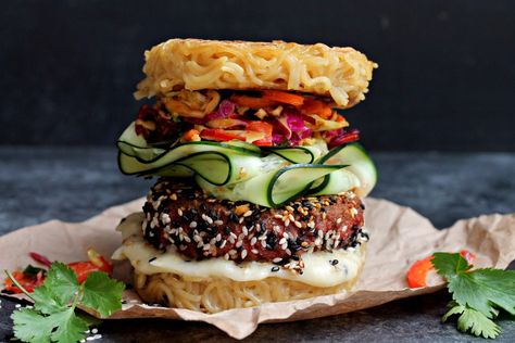 Asian Inspired Ramen Bun Burger with Kimchi Slaw & Wassabi Mayo (Vegan + GF) Kimchi Slaw, Peanut Butter Ramen, Gluten Free Ramen, Ramen Burger, Vegan Kimchi, Vegan Coleslaw, Asian Slaw, Vegan Ramen, Vegan Burgers