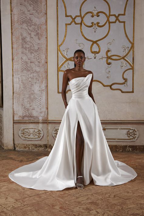 8238 - Cosmobella - The Sposa Group Wedding Dresses Elegant Wedding Bridesmaids Dresses, Libra Wedding Dress, Wedding Dresses 2025 Bride, Wedding Gowns Satin, Civil Dresses, Celeb Wedding, Black Women Wedding Dresses, Wedding Dress Minimalist, Asymmetrical Wedding Dress