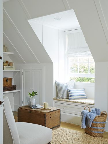 Utilize every inch of the space with charming built-ins that have clever storage. Also two sets of built-in drawers were replaced for a pair of storage closets that store family photo albums. Bookshelves were installed for other mementos. Attic Window, Attic Design, Attic Bedrooms, Dormer Windows, Attic Renovation, Attic Spaces, Attic Remodel, Loft Room, Attic Bedroom