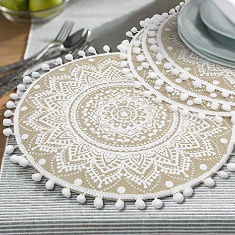 Table Mats Ideas Dining Rooms, Place Mats Ideas Dining Rooms, Jute Table Mats, Round Table Centerpiece, Cookbook Club, Pompom Tassel, Rattan Bags, Round Placemat, Romantic Candlelight