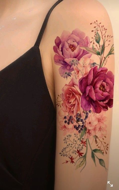 Watercolor Floral Tattoo, Quantum Tattoo, Exotic Flower Tattoos, Shoulder Cap Tattoo, Tattoo Time, Poppies Tattoo, Amazing Tattoos, Flower Tattoo Shoulder, Mother Tattoos