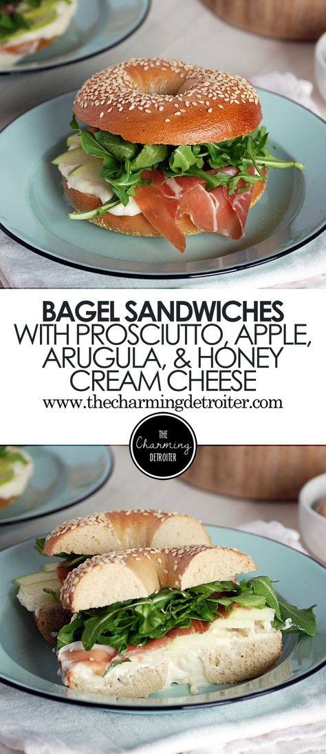 These tasty sesame bagel sandwiches feature salty prosciutto, arugula, crisp granny smith apple, and a homemade honey cream cheese. Honey Cream Cheese, Bagel Sandwiches, Apple And Honey, Sesame Bagel, Honey Cream, Granny Smith Apple, Bagel Sandwich, Bagel Recipe, Brunch Buffet