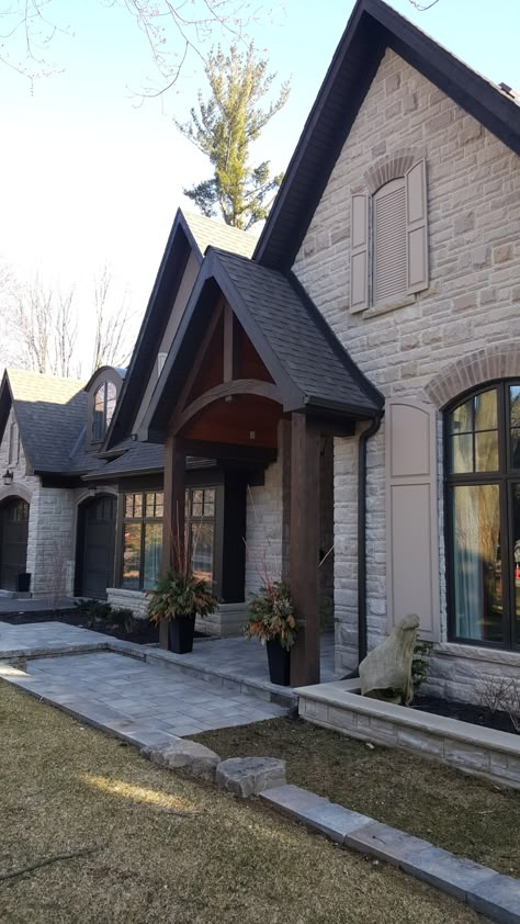 Cobblestone House Exterior, Cedar Gables On House Exterior, Brick Stone House Exterior, Rock Exterior Homes, Stone Home Exteriors, Exterior Stone And Siding Combinations, Brick And Stone House Exterior, Modern Rustic Home Exterior, Gables On House Exterior