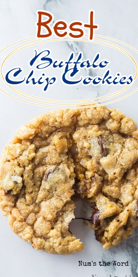 Buffalo Chip Cookies is a recipe I’ve had up my sleeve for a while now. They’re easy, Ahh-mazing, and a break from the original chocolate chip cookie that everyone will love! #numstheword #buffalochipcookies #buffalochocolatechipcookies #buffalochipcookierecipe #buffalochipcookiesrecipe #buffalochipscookies #bestbuffalochipcookies #buffalochipcookie #chocolatechipbuffalocookies #buffalocookies Buffalo Cookies Recipe, Chicago Crunch Cookies, Buffalo Chip Cookies, Chips A Hoy Cookies Dessert Recipes, Buffalo Cookies, Big Fluffy Chocolate Chip Cookies, Chicago Crunchy Chocolate Chip Cookies, Chunky Cookies Chocolate Chips, Big Chunky Chocolate Chip Cookies