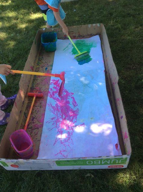 Cleaning tools painting:  the children used play mops and brooms to paint on large sheets of paper in big boxes.  We did this during summer camp, but this would be a great art activity tied into a housekeeping center.  Great large muscle use too. Broom Painting, Preschool Creative Art, Trip Hacks, Music Classroom Decor, Fun Projects For Kids, Mops And Brooms, Children Activities, Earth Day Crafts, Sheets Of Paper